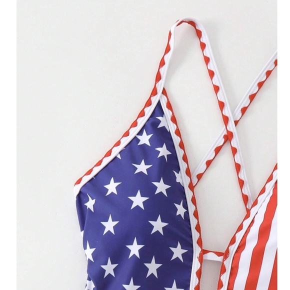 4th of July Festive Stars Stripes Criss Cross one Piece Monokini Swimsuit - Picture 5 of 7